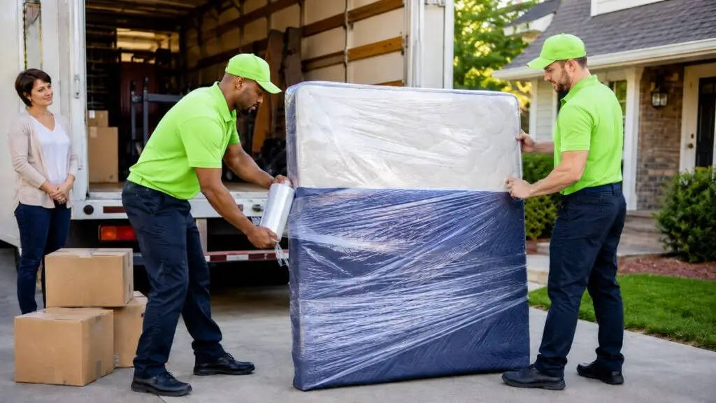 movers wrapping mattress