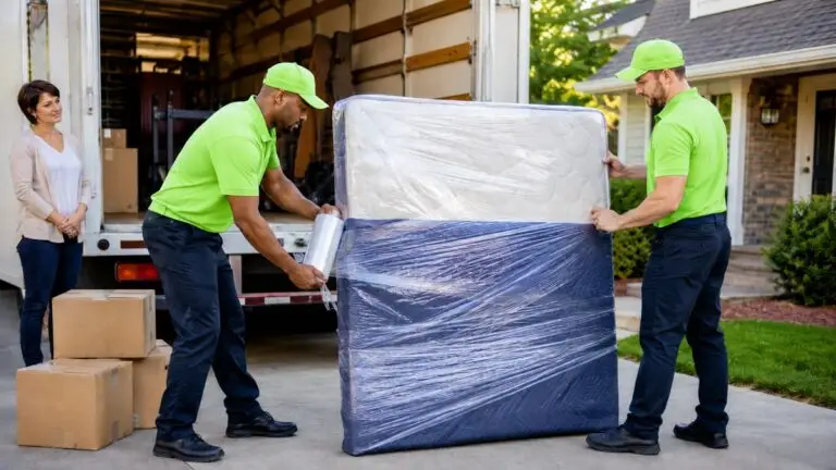 movers wrapping mattress