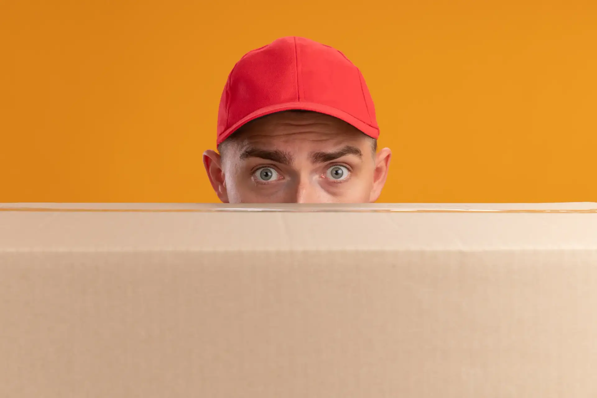 You Move Me mover in red cap peeking over cardboard box